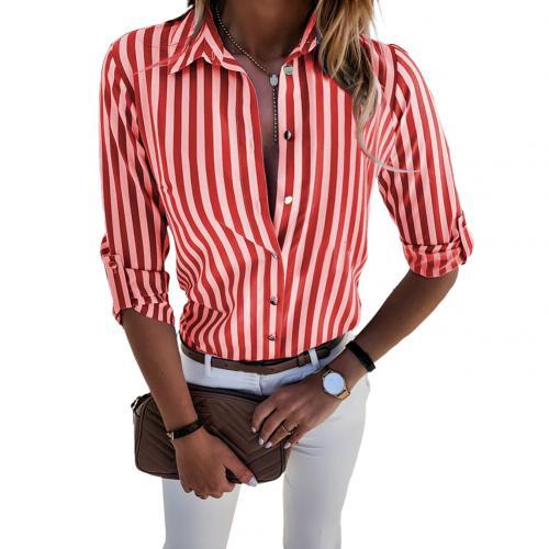 xakxx Women Fashion Long Sleeve Turn Down Collar Vertical Stripes Office Blouse shirts for women