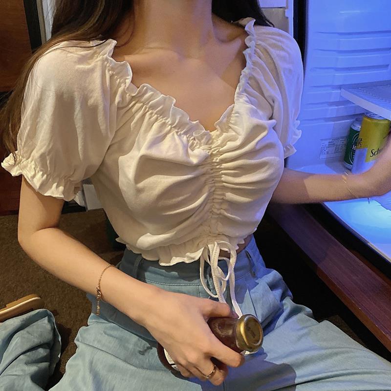 xakxx Summer Sexy off Shoulder Crop Top Ruffles White Shirt Women Puff Sleeve Harajuku Tee Shirt Chiffon Blouse Fashion Lace up