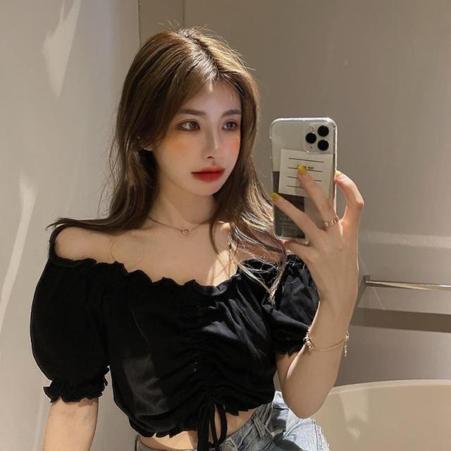 xakxx Summer Sexy off Shoulder Crop Top Ruffles White Shirt Women Puff Sleeve Harajuku Tee Shirt Chiffon Blouse Fashion Lace up
