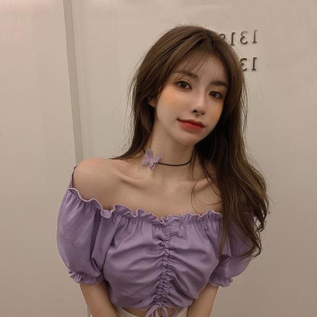 xakxx Summer Sexy off Shoulder Crop Top Ruffles White Shirt Women Puff Sleeve Harajuku Tee Shirt Chiffon Blouse Fashion Lace up