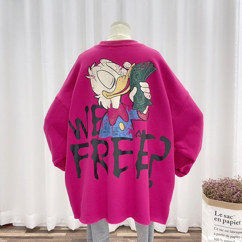 xakxx Women Hoodies Spring Thin Funny Cartoon Duck Print Sweatshirt Oversized Streetwear Hip Hop Cool Pullover Tops for Teen Student