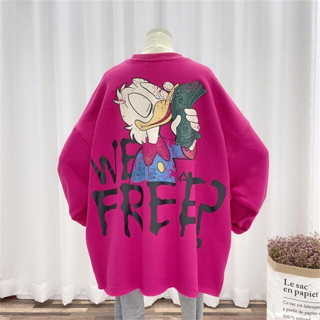 xakxx Women Hoodies Spring Thin Funny Cartoon Duck Print Sweatshirt Oversized Streetwear Hip Hop Cool Pullover Tops for Teen Student