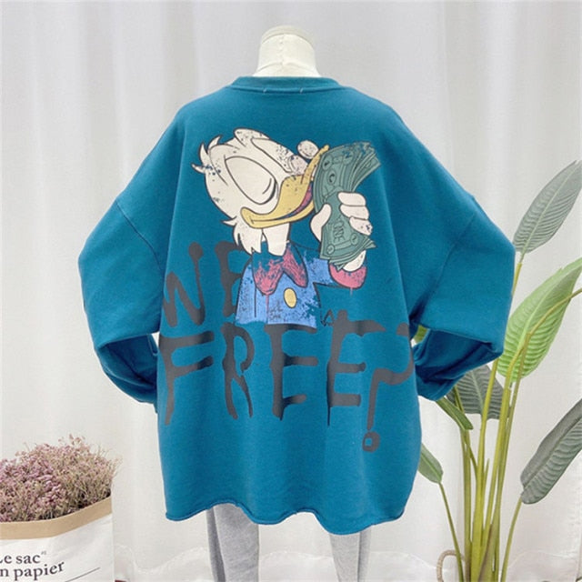 xakxx Women Hoodies Spring Thin Funny Cartoon Duck Print Sweatshirt Oversized Streetwear Hip Hop Cool Pullover Tops for Teen Student