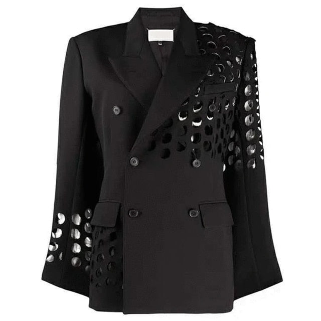 xakxx Women White Hollow Out Double Breasted Blazer New Lapel Long Sleeve Slim Jacket Casual Fashion Female Autumn Clothing