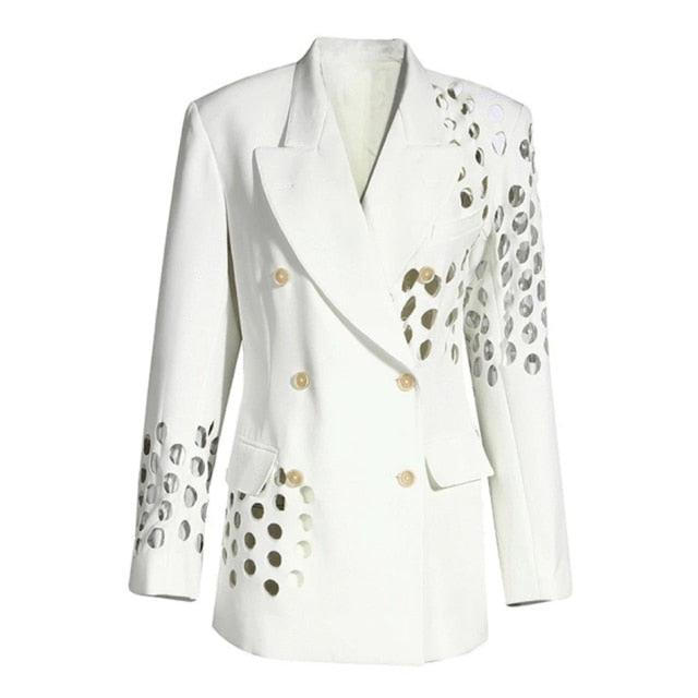xakxx Women White Hollow Out Double Breasted Blazer New Lapel Long Sleeve Slim Jacket Casual Fashion Female Autumn Clothing