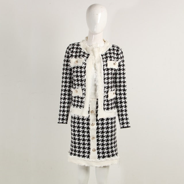 xakxx Autumn New Sexy Party Two-Piece Ladies Chic Thousand Bird Plaid Casual Jacket &Amp; Mini Skirt Gold Button Office Women Set