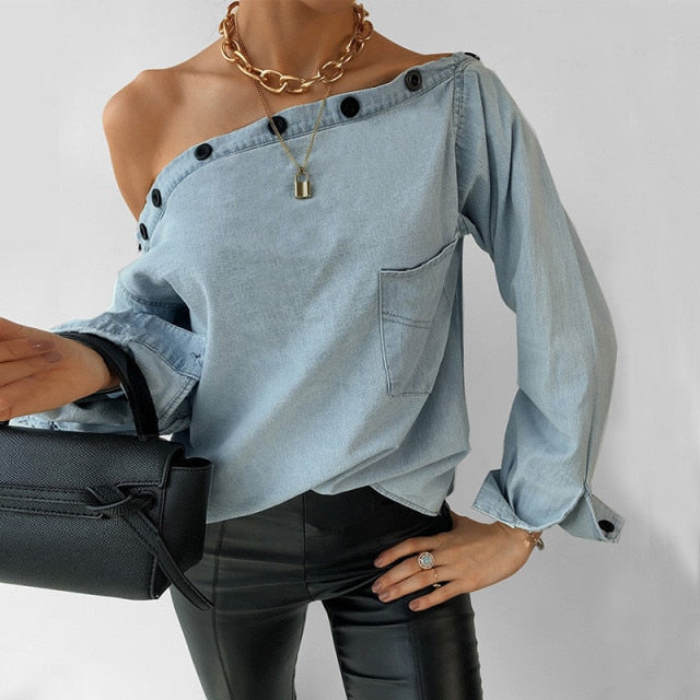 xakxx Fashion Women Denim T-Shirts for Streetwear Patchwork Design Button Decor Slash Neck Long Sleeve Spring Autumn Casual Loose Top