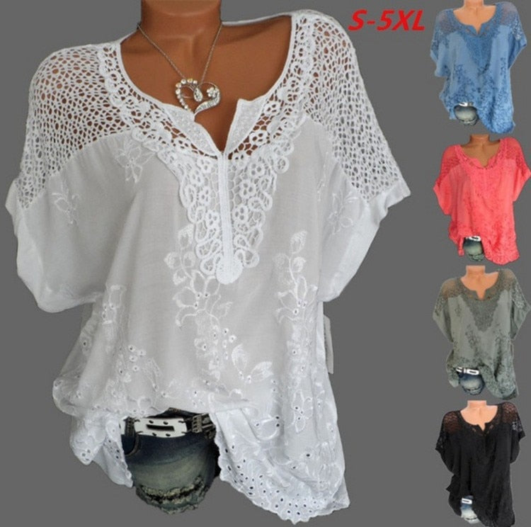 xakxx xakxx Large Size Loose Short-Sleeved Lace Women Blouses Cotton Blouses Summer Shirt Tops Fashion Women Shirt