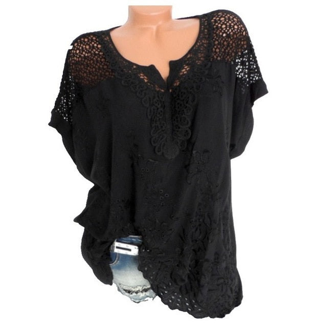 xakxx xakxx Large Size Loose Short-Sleeved Lace Women Blouses Cotton Blouses Summer Shirt Tops Fashion Women Shirt