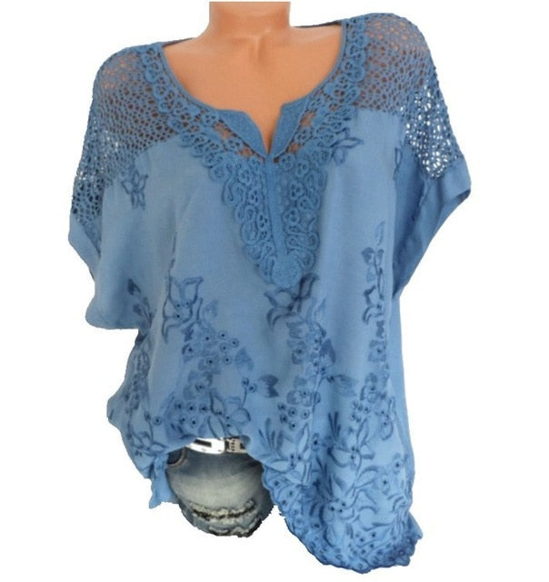 xakxx xakxx Large Size Loose Short-Sleeved Lace Women Blouses Cotton Blouses Summer Shirt Tops Fashion Women Shirt