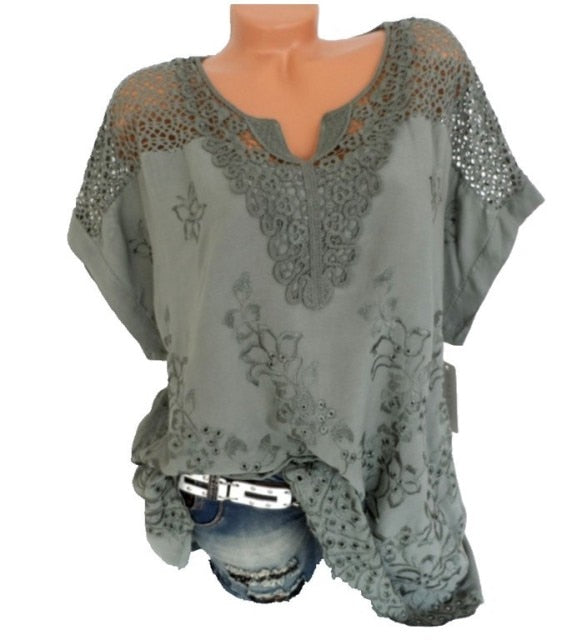 xakxx xakxx Large Size Loose Short-Sleeved Lace Women Blouses Cotton Blouses Summer Shirt Tops Fashion Women Shirt