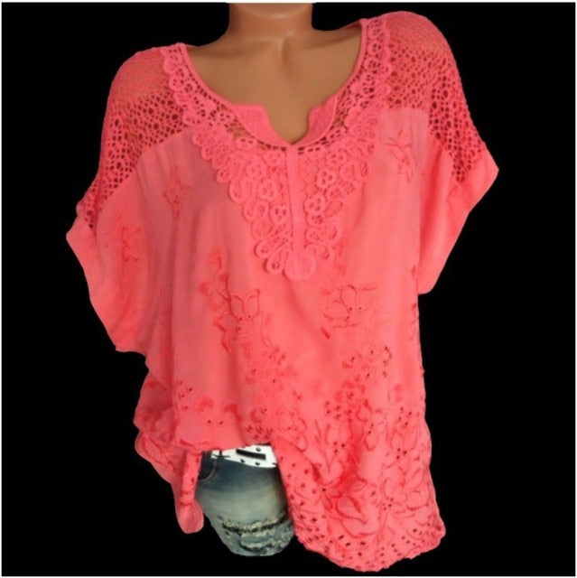 xakxx xakxx Large Size Loose Short-Sleeved Lace Women Blouses Cotton Blouses Summer Shirt Tops Fashion Women Shirt