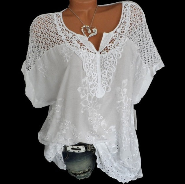 xakxx xakxx Large Size Loose Short-Sleeved Lace Women Blouses Cotton Blouses Summer Shirt Tops Fashion Women Shirt