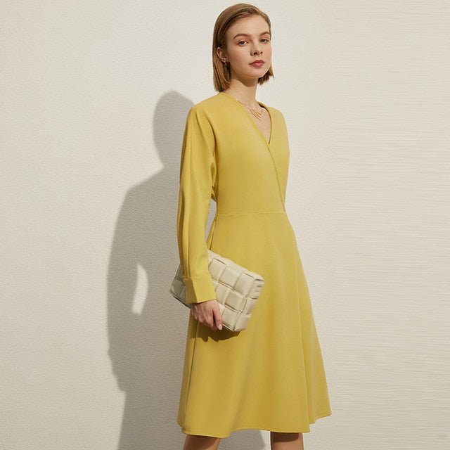 Minimalism Spring Offical Lady Women's Dress Causal Solid Vneck Full Sleeve High Waist Chiffon Dress For Women