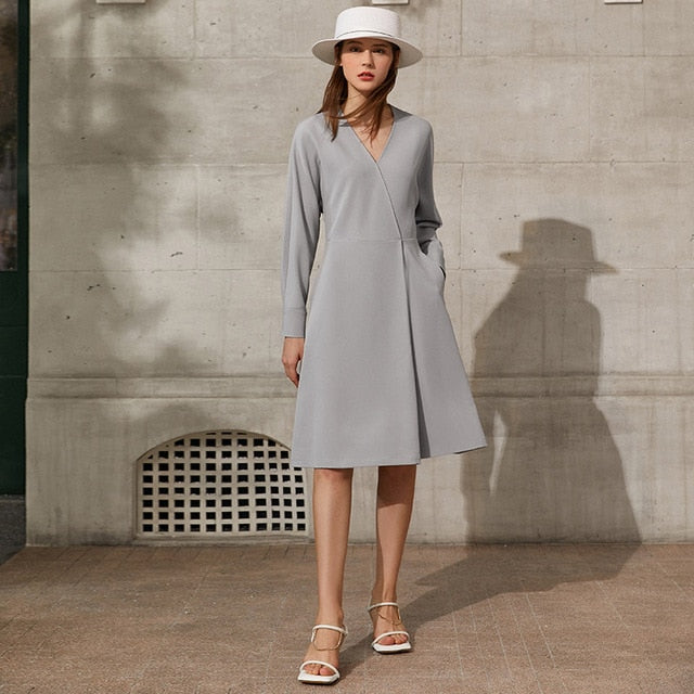 Minimalism Spring Offical Lady Women's Dress Causal Solid Vneck Full Sleeve High Waist Chiffon Dress For Women
