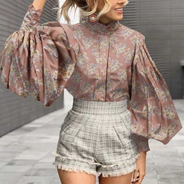 xakxx Fashion Shirts Women Big Lantern Sleeve Floral Print Blouse Casual Loose Stand Collar Office Elegant Tops