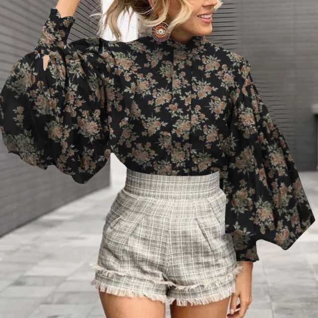 xakxx Fashion Shirts Women Big Lantern Sleeve Floral Print Blouse Casual Loose Stand Collar Office Elegant Tops