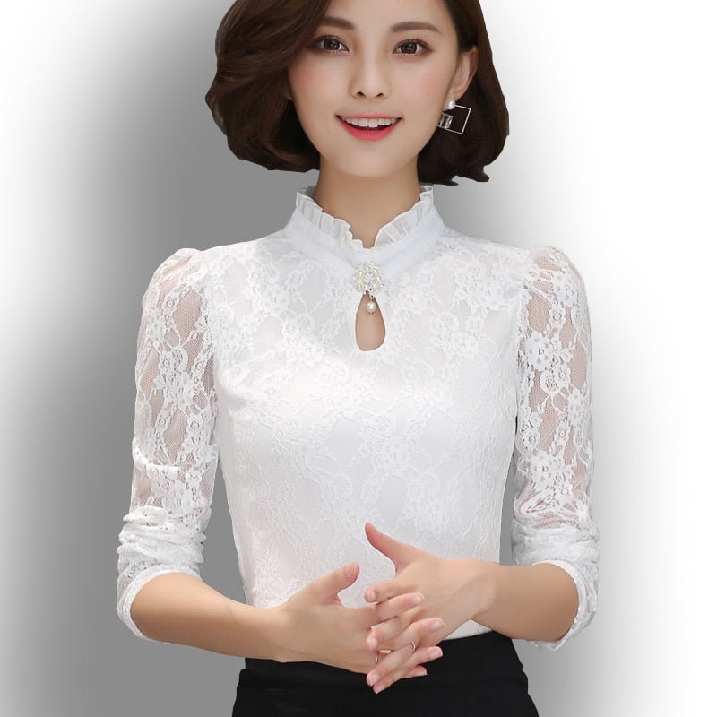 xakxx Women's New Chiffon Lace Blouses Tops Fiminina Blusa Long Puff Sleeved Shirt Ruffled Button Tops Plus Size 6XL