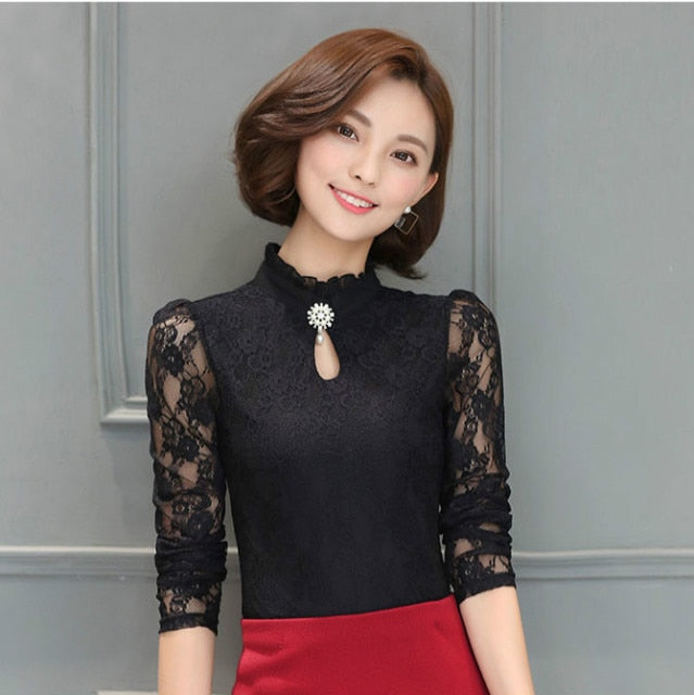 xakxx Women's New Chiffon Lace Blouses Tops Fiminina Blusa Long Puff Sleeved Shirt Ruffled Button Tops Plus Size 6XL