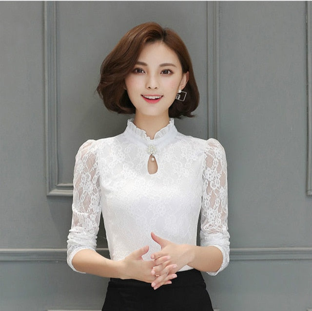 xakxx Women's New Chiffon Lace Blouses Tops Fiminina Blusa Long Puff Sleeved Shirt Ruffled Button Tops Plus Size 6XL
