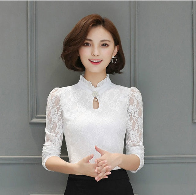 xakxx Women's New Chiffon Lace Blouses Tops Fiminina Blusa Long Puff Sleeved Shirt Ruffled Button Tops Plus Size 6XL