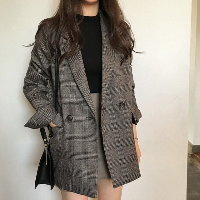 xakxx Autumn Winter New Retro Pattern Girl Plaid Comfortable Women Korea Solid Cardigan Ladies Work Wear Jacket Cute Free