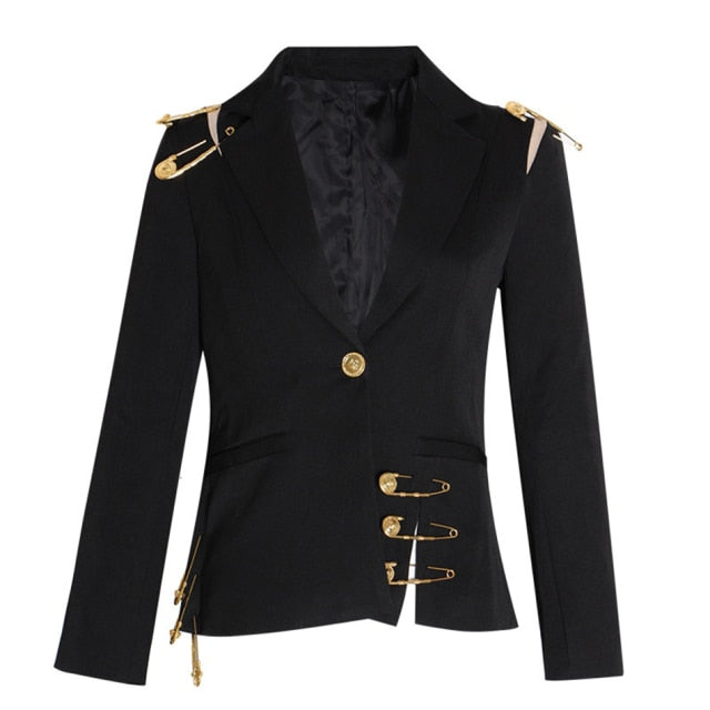 Women's Black V-Neck Mesh Pin Temperament Jacket New Lapel Long-Sleeved Slim Jacket Fashion Winter New