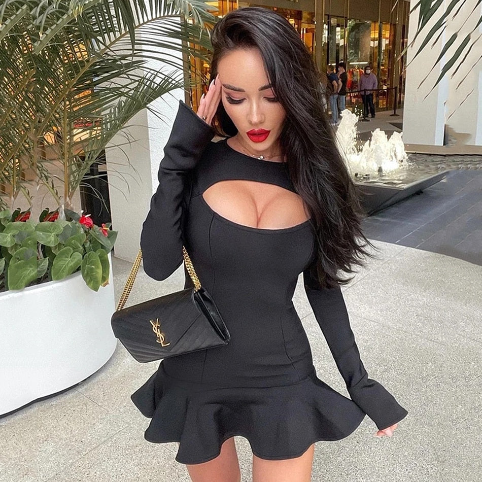 Spring New White Bandage Mermaid Dress Women Sexy Hollow Long Sleeve Bodycon Club Celebrity Evening Party Mini Vestidos