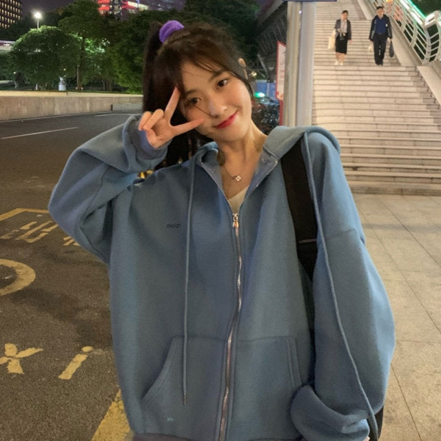 xakxx Zip Up Sweatshirt Spring Autumn Jacket Clothes oversize Hoodies Women plus size Vintage Pockets Long Sleeve Casual Large Coats