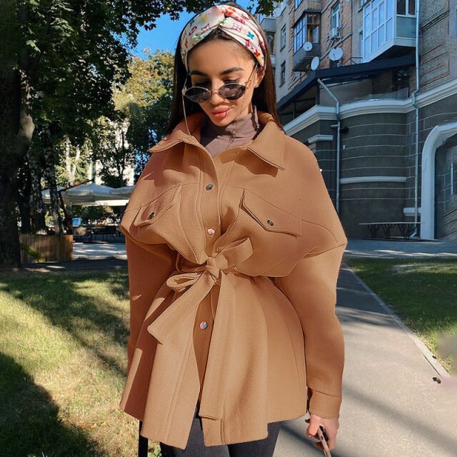 Women Turn-Dowm Collar Sashes Elegant Coat A-Line Button Pocket Solid Long Sleeve Coat Winter Offic Lady Steeetwear Coat