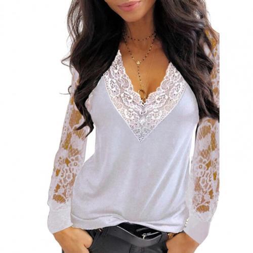 Female Tops Pullover Sexy Women Deep V Neck Lace Trim See Through Long Sleeve Blouse Top Blouse Solid Vintage Blouse Shirts