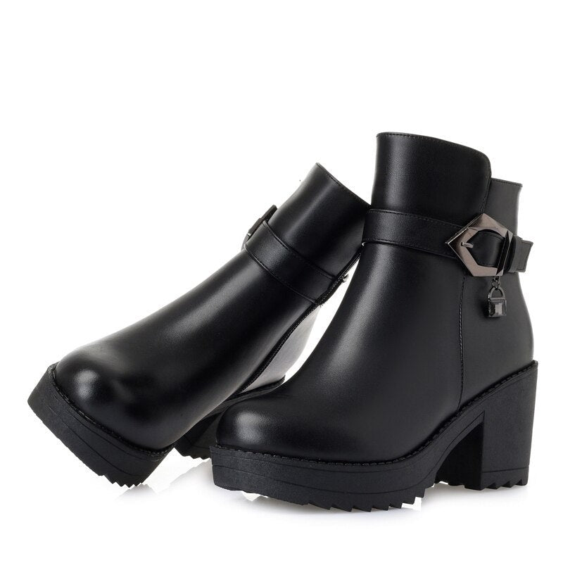 Ladies Ankle Boots New Genuine Leather Women Winter Boots Trend Warm Wool Womens Dress Boots High Heel Snow Boots
