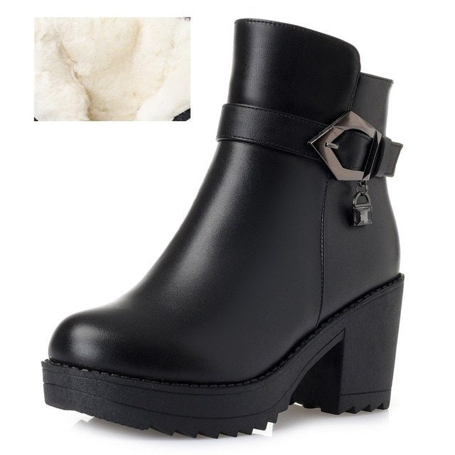 Ladies Ankle Boots New Genuine Leather Women Winter Boots Trend Warm Wool Womens Dress Boots High Heel Snow Boots