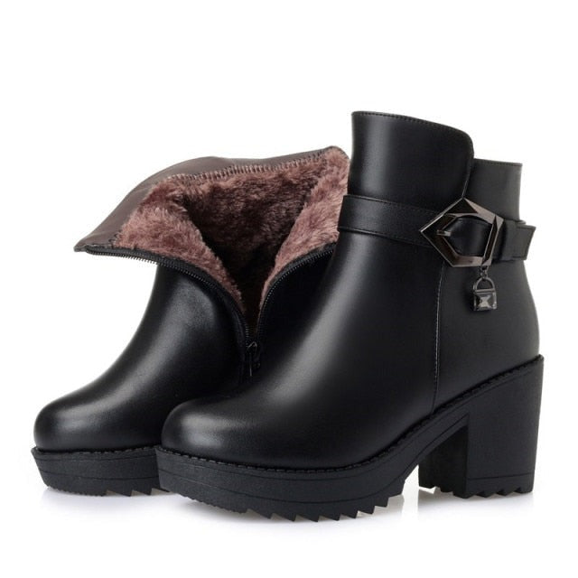 Ladies Ankle Boots New Genuine Leather Women Winter Boots Trend Warm Wool Womens Dress Boots High Heel Snow Boots