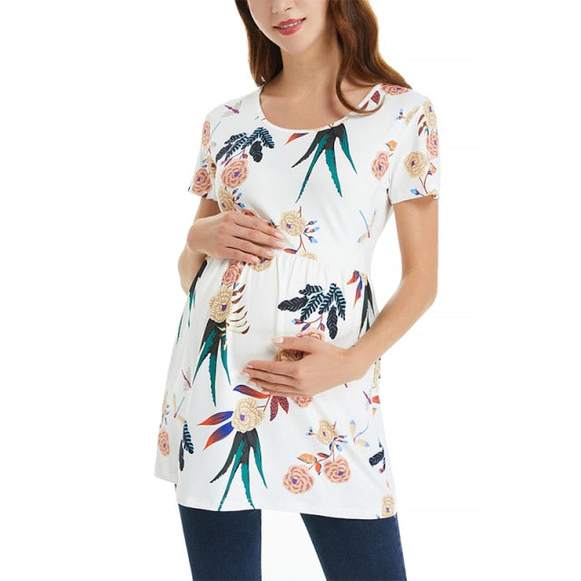 Summer Print Floral Maternity Clothes Ropa Embarazada Tee Shirt Tops Pregnancy T-Shirt Casual Flattering Side Ruching for women