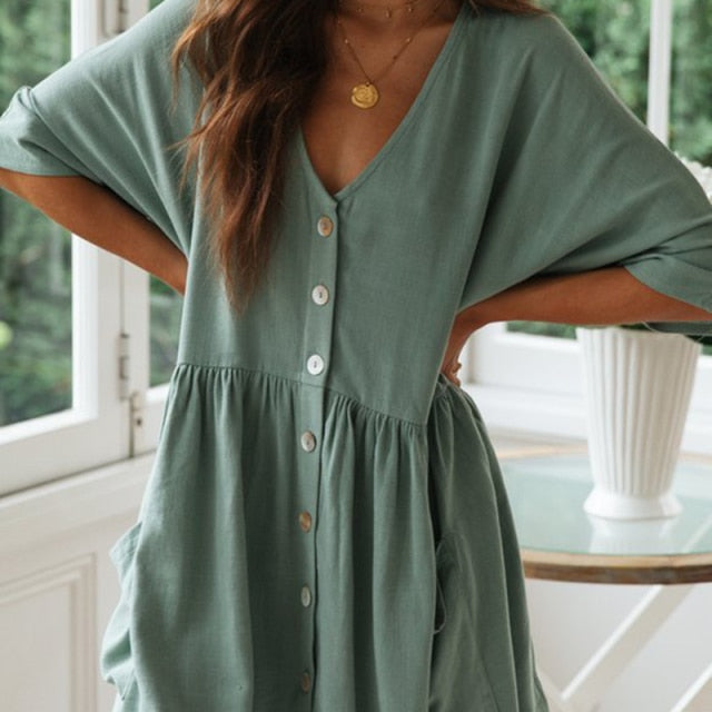 xakxx Women casual single breasted mini dress white green v-neck batwing sleeve straight dress new fashion summer dress