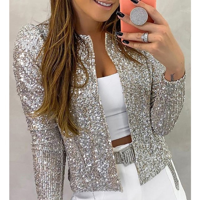 xakxx Fashion Sequin Jackets Women Glitter Long Sleeve Short Coats Elegant Spring Outwear Office Ladies Solid Streetwear