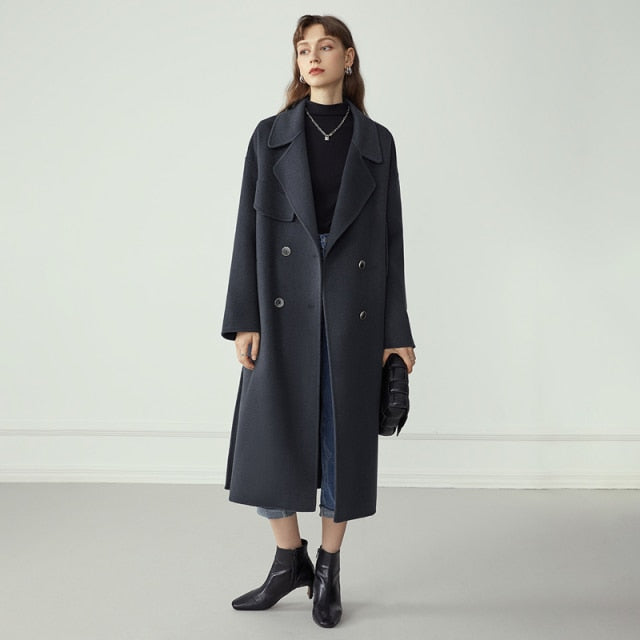 Double Breasted 100% Wool Coat Women Elegant Cashmere Long Winter Coat Female Oversized Vitnage Blend Jacket Overcoat