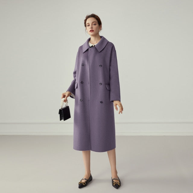 Long Elegant 100% Wool Coat Women Belt White Blend Winter Coat Female Oversized Vintage Purpel Jacket Overcoat Ladies