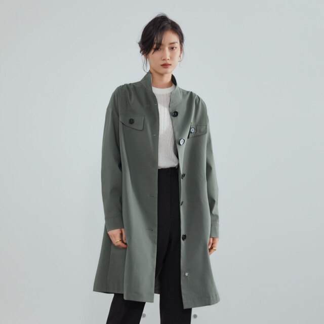 Stand Collar Casual Long Trench Coat Women Belt Khaki Windbreaker Jacket Female Elegant Oversized Spring Coat