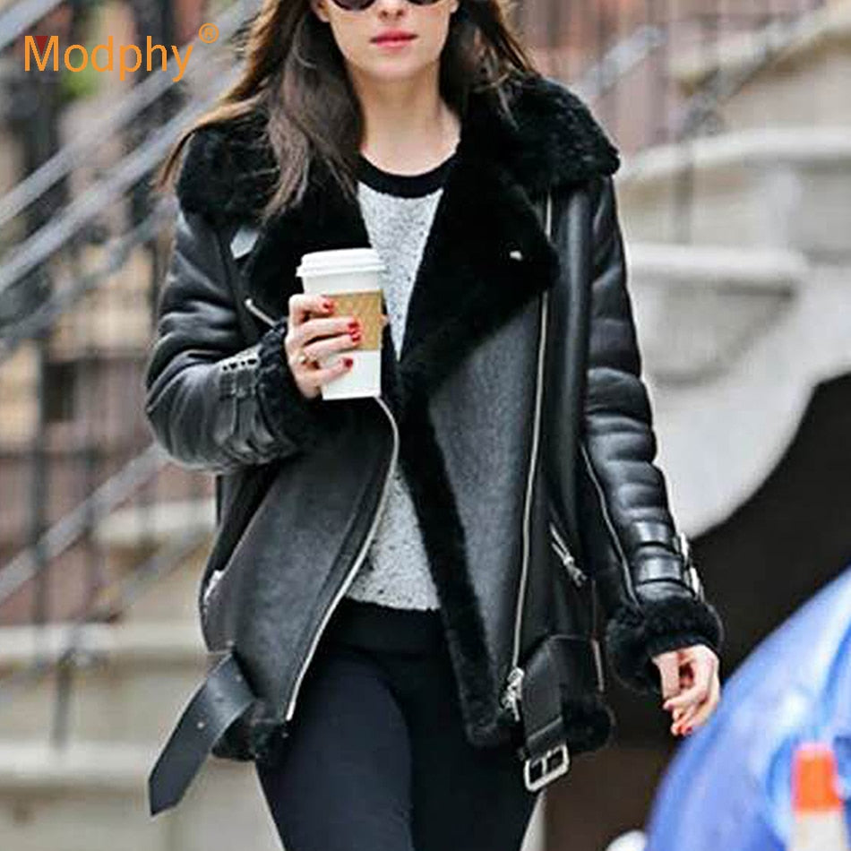 Thick and warm faux leather jacket Coat women's beige long-sleeved belt jacket women winter fashion new streetwear Tops