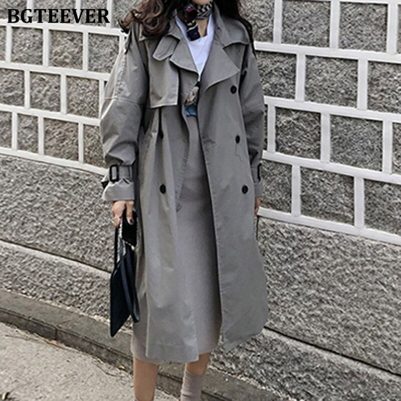 Vintage Oversized Double Breasted Trench Coats Women Sashes Long Loose Female Windbreaker Overcoats Autumn Winter