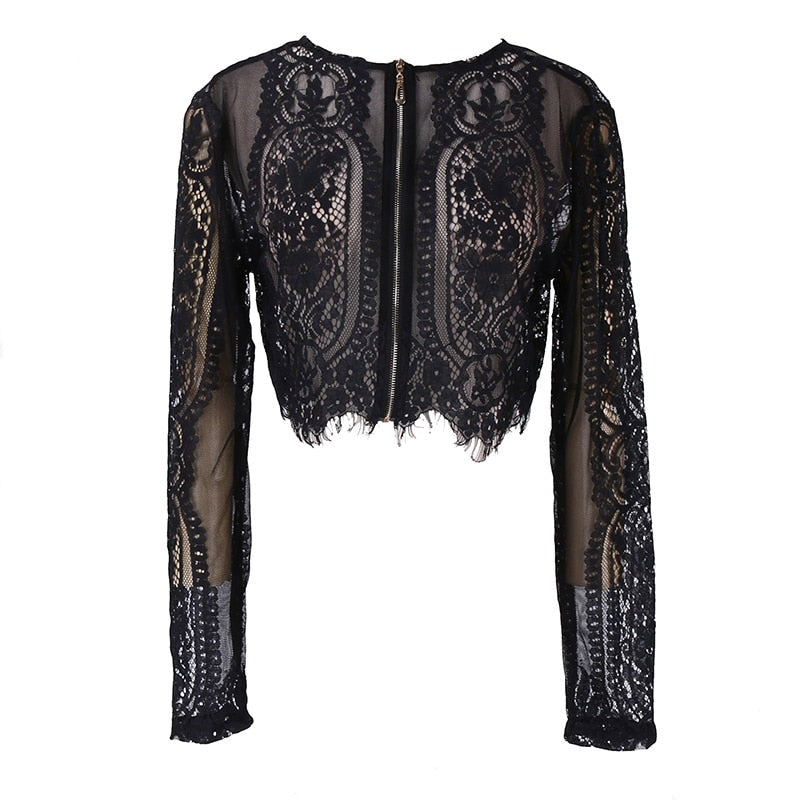 xakxx New Spring Summer Black Lace Blouse Women Tops Hollow Out Shirt Long Sleeve Blouse Sexy Lady OL Office Lady Clothings