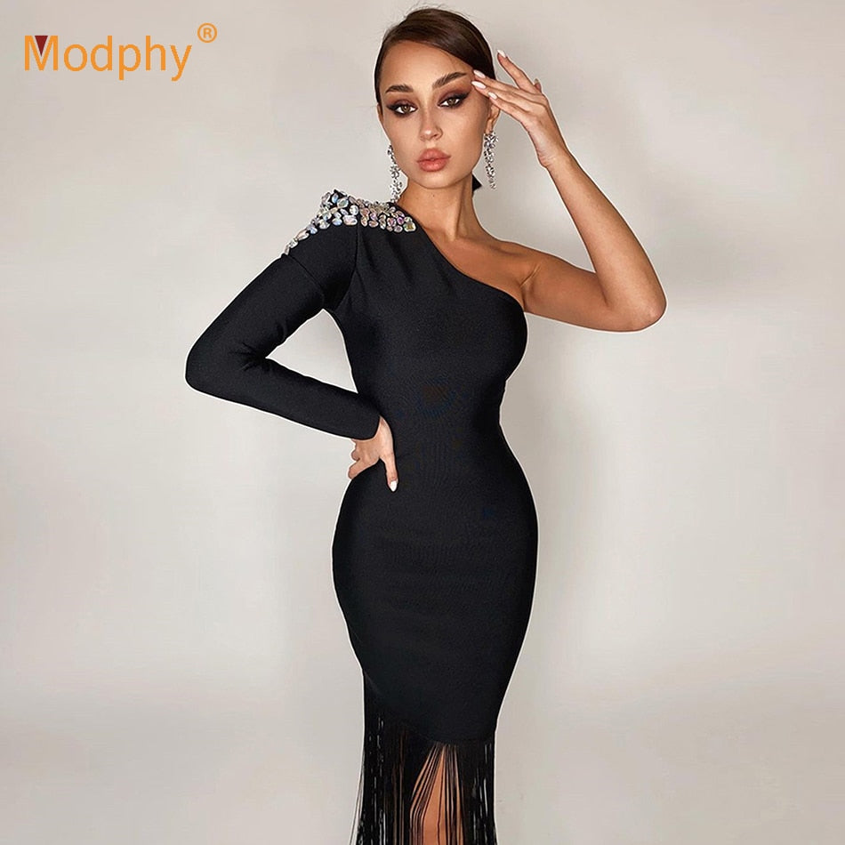 Black Crystal Bandage Midi Dress Women Sexy Long Sleeve One Shoulder Tassel Bodycon Club Evening Party Vestidos Fashion New