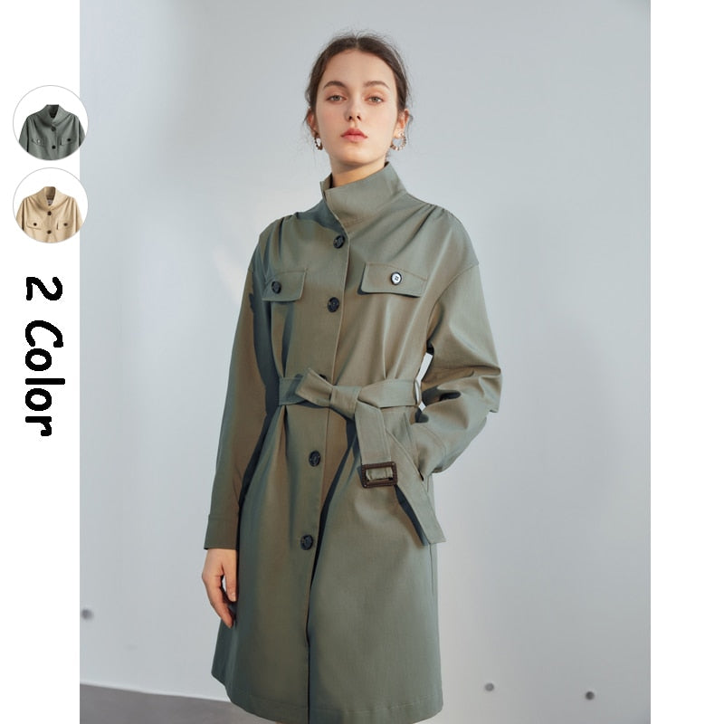 Stand Collar Casual Long Trench Coat Women Belt Khaki Windbreaker Jacket Female Elegant Oversized Spring Coat