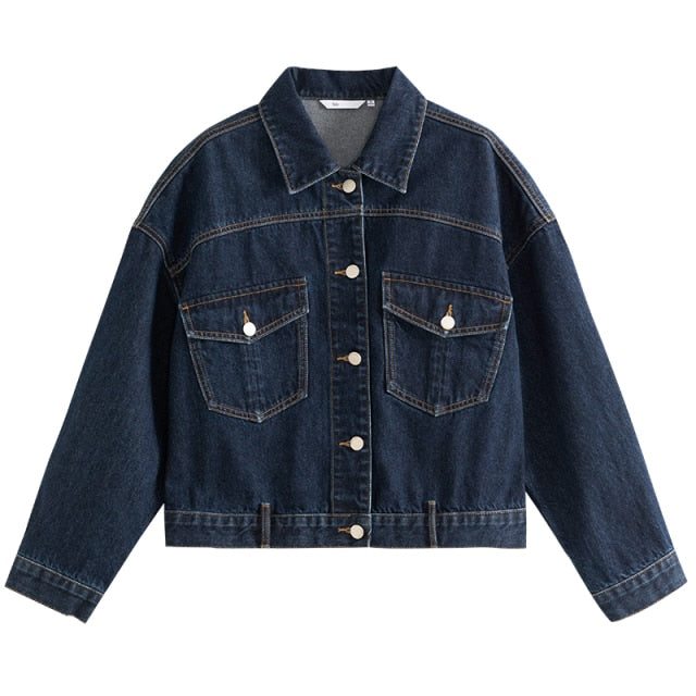 Dark Blue Short Denim Jacket New Korean Style Loose Jacket Cotton Cropped Jacket Autumn Clothes Women Women Jacket