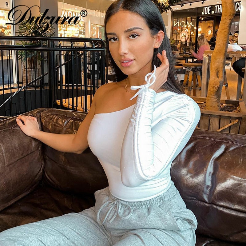 drawstring ruched women t shirt crop top one shoulder bodycon sexy streetwear party club elegant autumn winter clothes