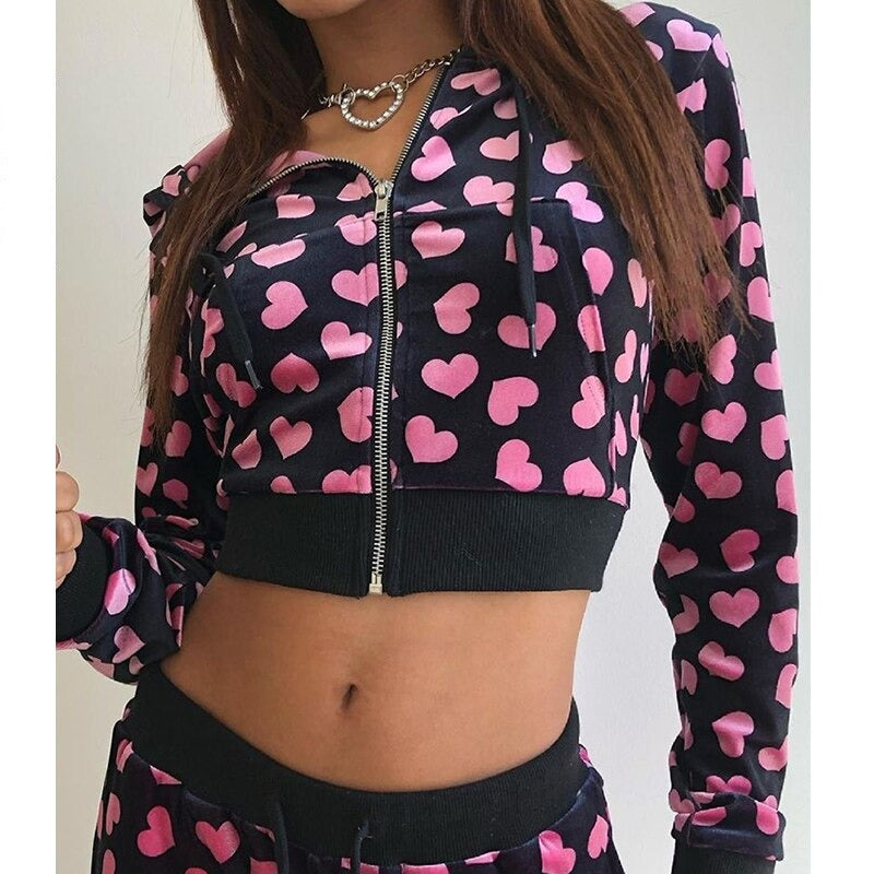 xakxx Velvet Harajuku Heart Sweatshirt Women Long Sleeve Jackets Korean Hoodies Thin Crop Top Outfits Vintage Kawaii