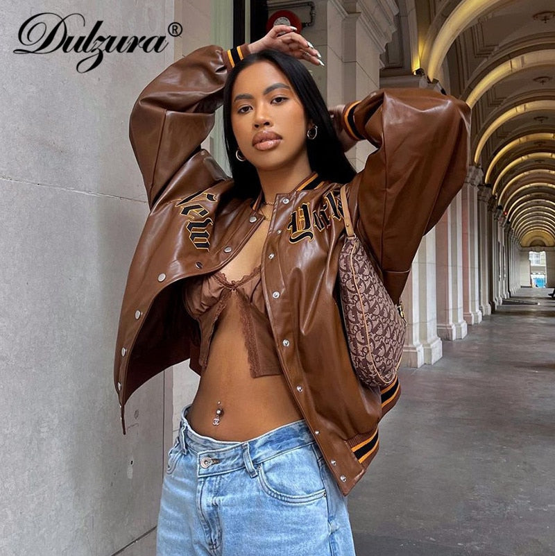 Letter Embroidery Women Long Sleeve Pu Fake Leather Baseball Jacket Loose Oversized Casual Streetwear Autumn Winter