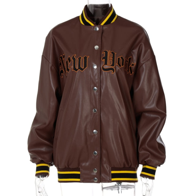 Letter Embroidery Women Long Sleeve Pu Fake Leather Baseball Jacket Loose Oversized Casual Streetwear Autumn Winter